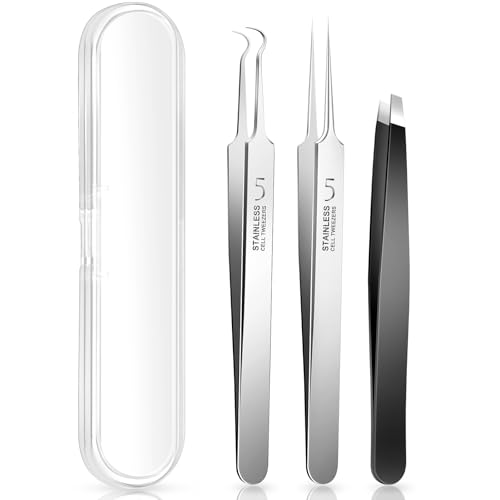 3PCS Blackhead Remover Tweezers, Pimple Popper Tool Kit with 2 Blackhead Extractor and 1 Ingrown Black Hair Tweezers for Blemish, Whitehead Popping,Facial Hair