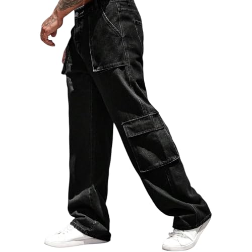 Men's Cargo Denim Jeans, Wide Leg Loose Fit, Blue, Multi-Pocket Design, Casual Streetwear Style, Relaxed Workwear3