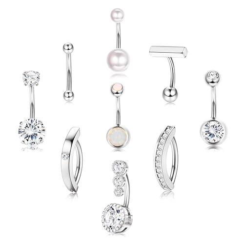 Morfetto 9Piezas Piercings Ombligo Acero Quirúrgico,14G Piercing Ombligo para Mujeres,Piercing Ombligo Oro/Plata,CZ Perla Clicker Ombligo Piercing Plata 12mm