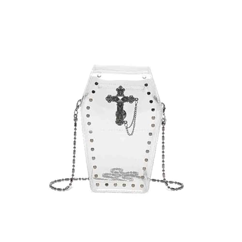 Image of Gothic Rivet Coffin Shape Crossbody Bag, Women's Studded Cross Transparent Shoulder Bag, Novelty Vintage Punk Phone Purse