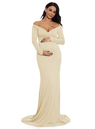Image of ZIUMUDY Maternity Off Shoulder Photo Shoot Photography Dress Solid Color Baby Shower Dress