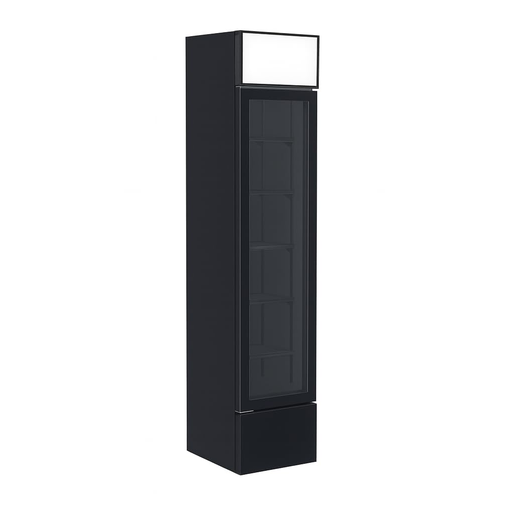 Armoire à Boissons Extra Slim 160 L Refroidissement Positif Ventilé 1 Porte Battante Éclairage LED 5 Étagères Réglables Noir 390 x 480 x 1888 mm