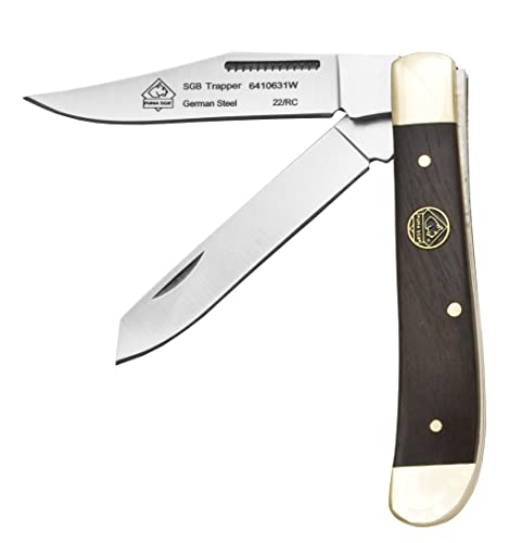 PUMA SGB - Trapper Wood – Klassisches Zweiklingen-Klappmesser mit 71 mm Klingen aus deutschem 1.4116 Stahl (55-57 HRC) – Slip-Joint Mechanismus – Messingbacken – Jacaranda-Holzgriff – Outdoor & Jagd