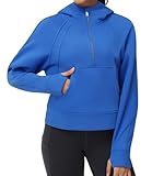 THE GYM PEOPLE Women’s Hoodies Half Zip Long Sleeve Fleece Crop Pullover Sweatshirts with Pockets Thumb Hole Sea Blue
