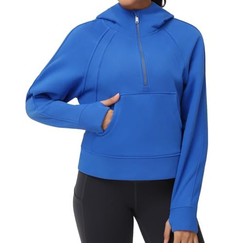 THE GYM PEOPLE Womens' Hoodies Half Zip Long Sleeve Fleece Crop Pullover Sweatshirts with Pockets Thumb Hole Sea Blue Small