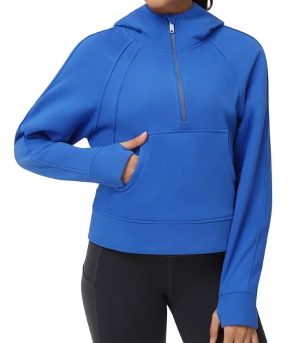 THE GYM PEOPLE Women’s Hoodies Half Zip Long Sleeve Fleece Crop Pullover Sweatshirts with Pockets Thumb Hole Sea Blue