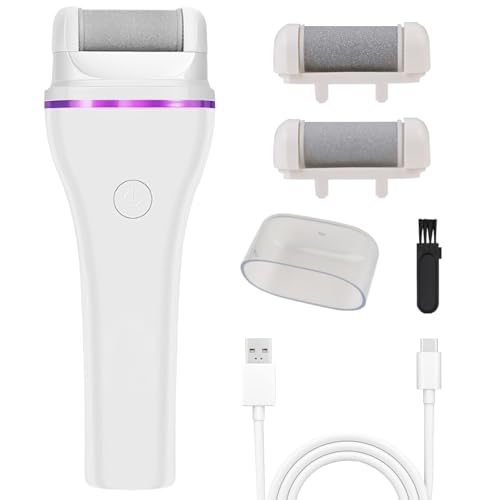 Electric Foot File Christmas Gifts Hard Skin Callus Remover Feet Grinder Foot Scraper Scrubber Pedicure Sets with 3 Replacement Roller Heads for Removing Hard Dry Dead Skin Feet Care Xmas Gifts White