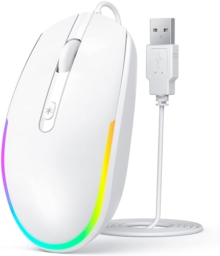 Seenda Wired RGB Backlit Optical LED Mouse - USB Cord for Laptops, Notebooks, Chromebook (White)