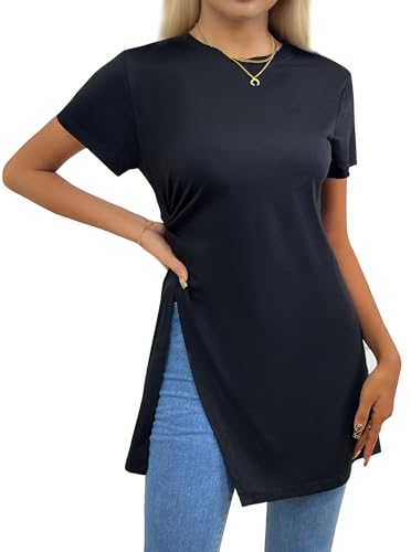 Remidoo Side Slit Tees for Women Twist Front Top Crewneck Short Sleeve Split Hem T Shirt4