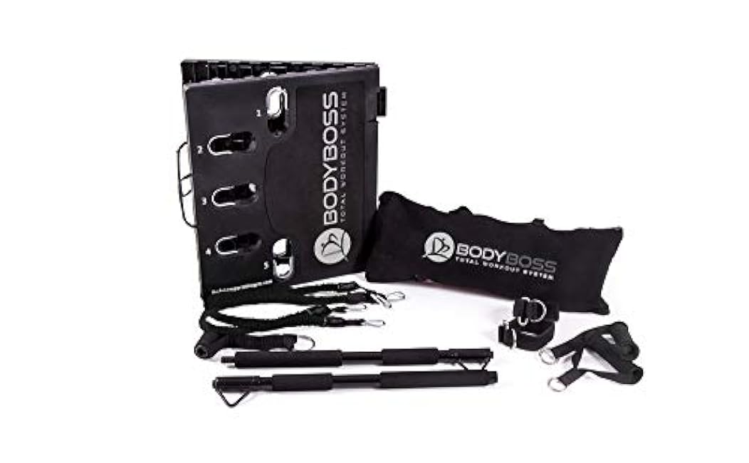 BodyBoss Home Gym 2.0 - Full Portable Gym Home Workout Package + 1 Set of Resistance Bands - Collapsible Resistance Bar, Handles - Full Body Workouts for Home, Travel or Outside - Black (PKG2-BLACK)