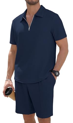 Anelune Trainingsanzug Herren Sommer 2-teilig,Kurzarm T-Shirt & Kurze Hose, Sportanzug für Fitness, Freizeit und Alltag,Atmungsaktiv Leicht Dunkelblau L