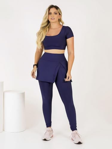 Conjunto Feminino Fitness Calça Legging Saia Abertura Fenda Lateral Com Bolso e Top Cropped Academia