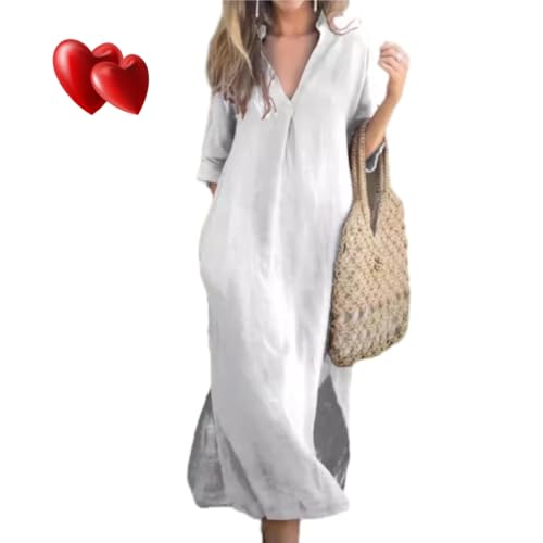 WUQILONGBANG Weißes Leinenkleid für Damen, Leinenkleid, Übergröße, V-Ausschnitt mit Schlitzen auf beiden Seiten (Weiß, XXL)