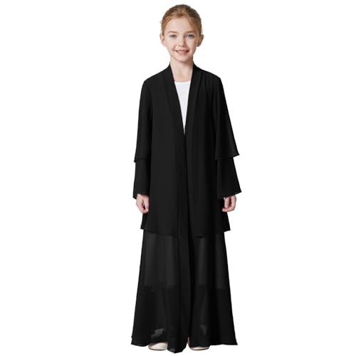 Kids Abaya Dress for Girls Muslim Dress with Hijab Chiffon Layered Open Front Cardigan Ramadan Eid Kaftans Dubai Outfit