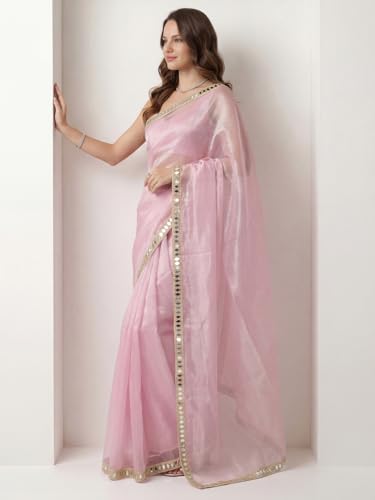 Image of AKHILAM Women's Shimmer Net Solid Saree With Unstitched Blouse Piece