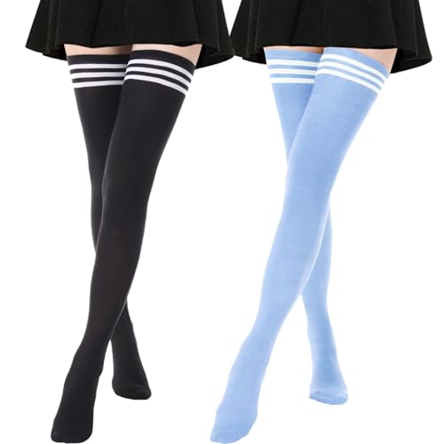 Image of AQOKKA Extra Long Thigh High Socks for Women Striped Over Knee Thigh Socks Long Boot Thigh High Stockings Leg Warmers