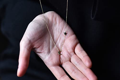 14K Gold Crescent Moon And Star Gold Necklace, Solid Gold Elegant Moon And Star Necklace Is A Great Gift For Her For Women Girls. #TOP4