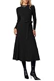 Arach&Cloz Fall Winter Womens Sweater Dress 2025 Long Sleeve Turtleneck Cashmere Ribbed Knit Tie Waist Pleated A Line Pullover Fashion Belt Midi Clothes Chruch Business Casual Funeral Outfit Black S