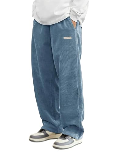 Mens Corduroy Casual Pants, Drawstring Elastic Waist Straight Leg Sweatpants, Fashion Loose Fit Wide Leg Pants