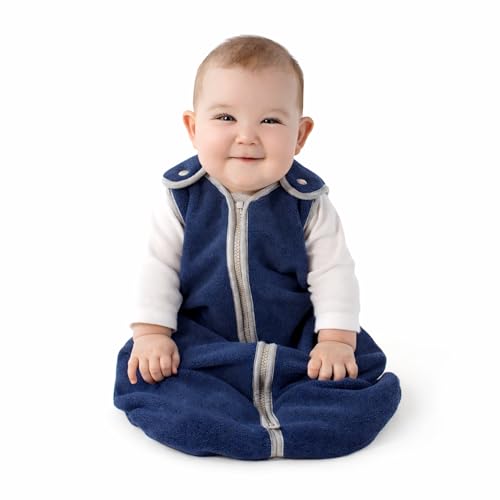 Image of Baby Deedee Sleep Nest Fleece - Fleece Sleep Sack 1.2 TOG 6-18M Navy | Patented shoulder snaps and full-length zipper support easy dressing and diaper changes for cooler routines