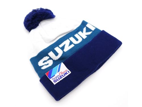 Bonnet à pompon Suzuki Team Classic bleu pour rester au chaud en tribune