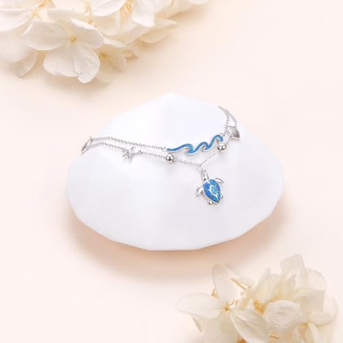 Image of Ladytree S925 Sterling Silver Boho Beach Double Layer Anklets Bracelet for Women Adjustable 9 to 11 inches