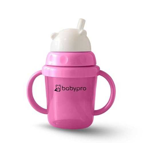 Image of BabyPro Baby Sipper Mug with Straw, 180 ml, Pink, for Babies 1+ Years | Toddler Drinking Bottle, Spill Proof, BPA Free, Easy Grip, Soft Spout, Leak Proof
