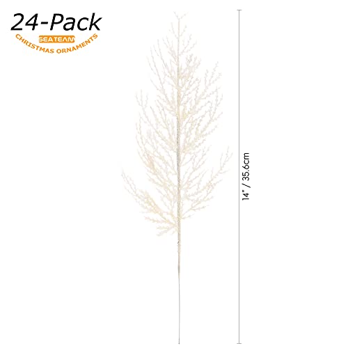 Sea Team 24-Pack Artificial Glitter Pine Tree Twig Ornaments, Decorative Sticks, Glittery Stems, Picks, Branches For Christmas Tree, Small Vase, Holiday, Wedding, Party (14 Inches, White) #TOP1