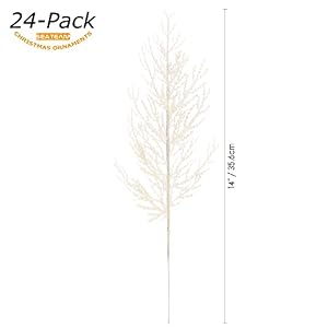 Sea Team 24 Pack Artificial Glitter Pine Tree Twig Ornaments Decorative Sticks Glittery Stems Picks Branches for Christmas Tree Small Vase Holiday Wedding Party 14 Inches White