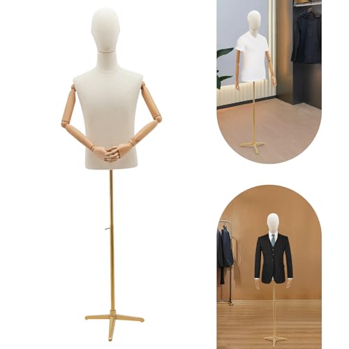 Manekin wystawowy męski z głową i ramionami z drewna, manekin krawiecki, popiersie męskie, tors, manekin na ubrania ze stojakiem, regulacja wysokości od 135 cm do 193 cm