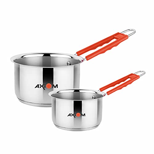 AXIOM Saucepan 1000 ML & 2000 ML Stainless Steel, Silver, Set of 2 Induction & Gas Compatible (Heavy Gauge 1 Litre & litres Milkpan / Tea pan with Silicon Stay Cool Handle & ENCAPSULATED Base)