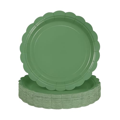 sunepany 50 Pieces Sage Green Paper Plates 7 Inch Scalloped Dessert Plates Disposable for Bridal Baby Shower Wedding Graduation Birthday Party Dinner Decorations Cake Plate Supplies