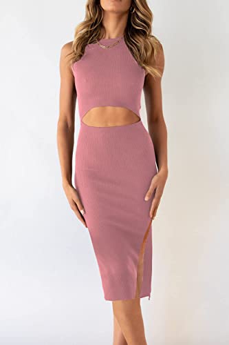 Image of PRETTYGARDEN Women's Summer Midi Bodycon Dresses Casual Crew Neck Side Slit Sleeveless Knit Cut Out Tank Top Dress