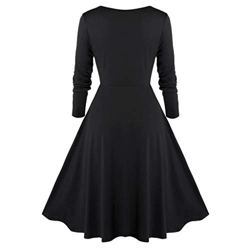 Yemenger Women's Vintage Long Sleeve Flare Dress Wrap Bust O-Neck Contrast Casual Solid Party Swing Dress Plus Size Black