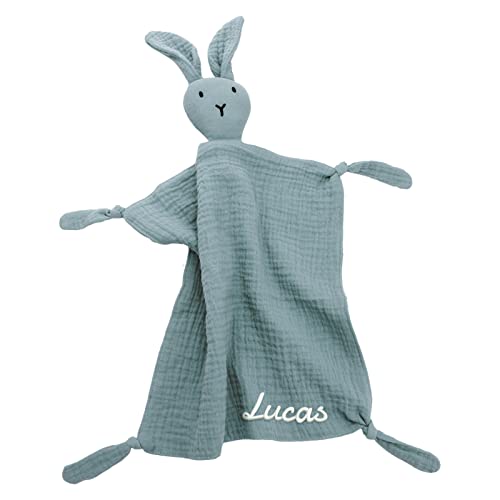 SWIMFUN Personalized Muslin Lovey Blanket, Embroidered Baby Security Blanket Bunny