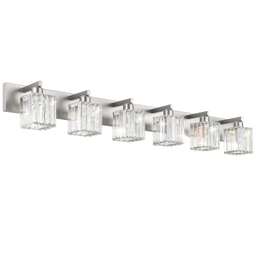 Image of Aipsun Brushed Nickel Bathroom Light Fixtures 6 Light Vanity Lighting Fixture Crystal Modern Bathroom Vanity Light (Exclude Bulb)