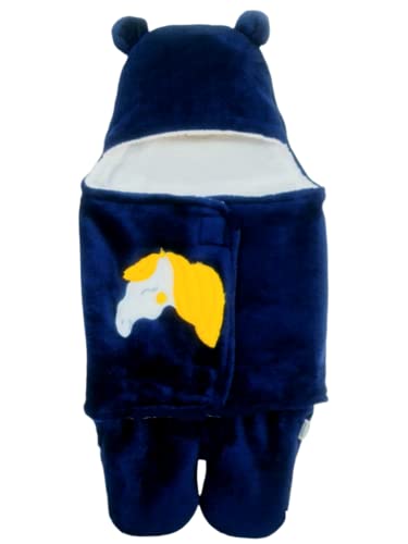 Image of BRANDONN Baby Blanket New Born Pack of Wearable Flannel 0-6 Months Hooded Swaddle Wrapper Blanket, Navy Blue, Lightweight