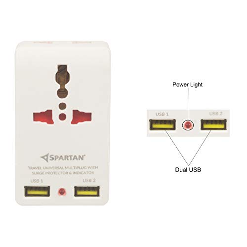 Image of Spartan 3 Pin All Multiplug Charger /Travel Adapter, 10A Power Sockets / 2Pin & 3Pin Socket Adapter with Dual USB Charging Port (White, Pack of 1)