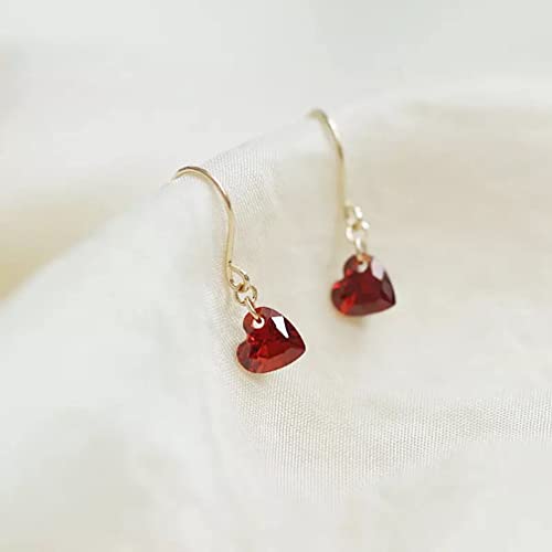 Red Garnet Zircon Heart 925 Sterling Silver Earrings 14K Gold Plated Heart Dangle Earrings Birthstone Dainty Minimalist Women Earrings - Hypoallergenic Safe For Sensitive Ears - Usa Handmade #TOP4