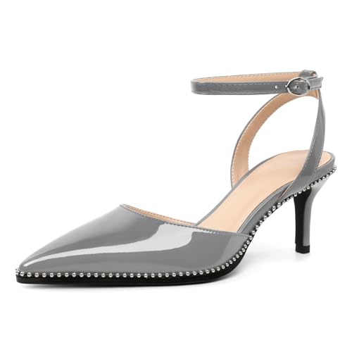 Image of SAMMITOP Kitten Heels for Women Low Heel Closed Toe Ankle Strap Pumps Wedding Party Beaded Dress Shoes 2.4 Inch