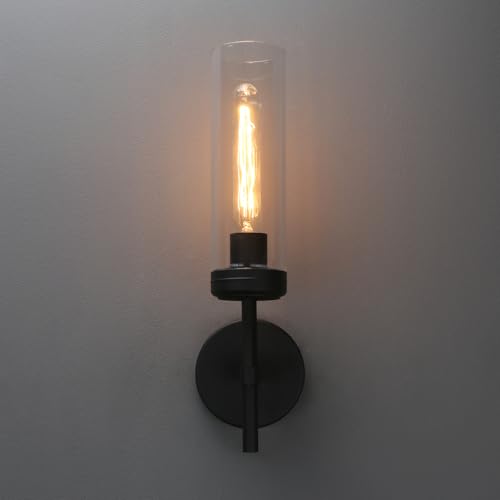 Image of Pathson 1-Light Vintage Wall Sconce Lamp, Hardwired Aluminum Wall Sconce with Tube Cylinder Glass, Mid-Century Wall Vanity Light Fixture Decor for Living Room Bedroom (Black 1-Pack)