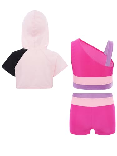 TiaoBug Kids Girls Gymnastics Dance Outfit Color Block Short Sleeves Cropped Hoodie with Vest Shorts Set2