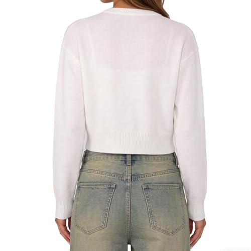Image of Women Y2K Button Front Crop Sweater Cardigan Solid Color Crew Neck Long Sleeve Knit Fall Tops Streetwear