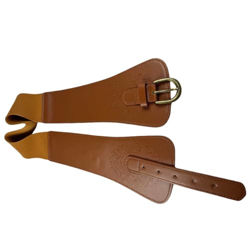 Women Ladies Vintage Wide Faux Leather Totem Print Elastic Stretchy Corset Cinch Belt3