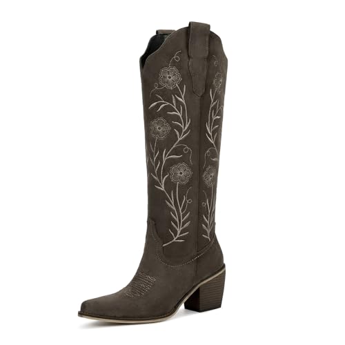 Image of wetkiss Women's Pointed Toe Cowboy Boots | Knee High Cowgirl Boots, Retro Embroidery, Chunky Heel, Pull-On, Style for a Classic Western Look,Stable and Comfortable