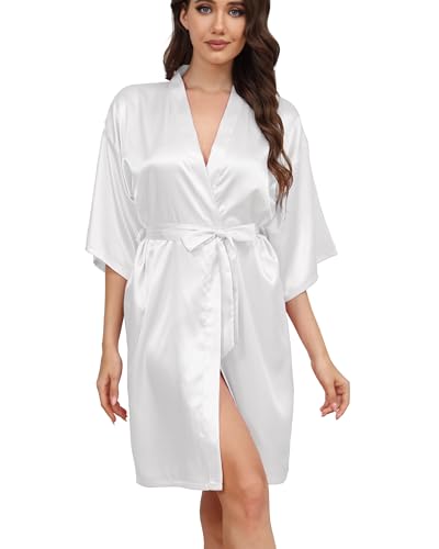 Starblazia Bata de Kimono Mujer Verano Corta de Satén Novia Mangas 3/4 Sexy Cuello en V Albornoz con Cinturón Ajustable para Boda Fiesta Spa Casa Dormir,XXL,Blanco