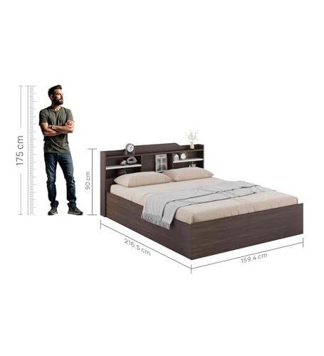 Image of Viggo Queen Bed with Box Storage | Engineered Wood | Choco Walnut Finish | Headboard Storage | Sturdy & Elegant | Knock-Down Assembly | 36-Months Warranty