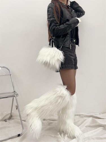 SIFINELAR Women's Knee High Boots With Fur Bags for Women, Womens Faux Fur Boots Warm Snow Fuzzy Fluffy Boots Tall Winter Boots Outdoor Indoor Flat Shoes3