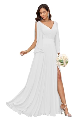 Image of HUUTOE Ruffle Sleeve Chiffon White Long Bridesmaid Dress with Slit V Neck A-Line Formal Summer Wedding Guest Dresses for Women XL US14