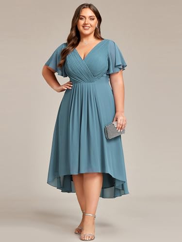 Image of Ever-Pretty Plus Summer Short Sleeves V-Neck Formal Wedding Guest Dresses for Curvy Women Chiffon Midi Cocktail Party Dress